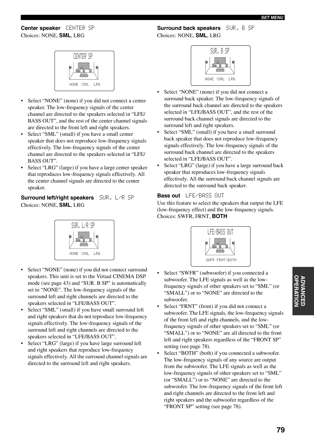 Yamaha RX-V559 owner manual Center SP SUR. B SP, Sur. L/R Sp, Lfe/Bass Out, Center speaker Center SP Surround back speakers 