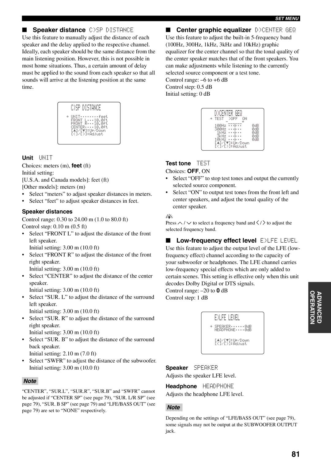 Yamaha RX-V559 owner manual Elfe Level, Speaker distance CSP Distance, Center graphic equalizer Dcenter GEQ 