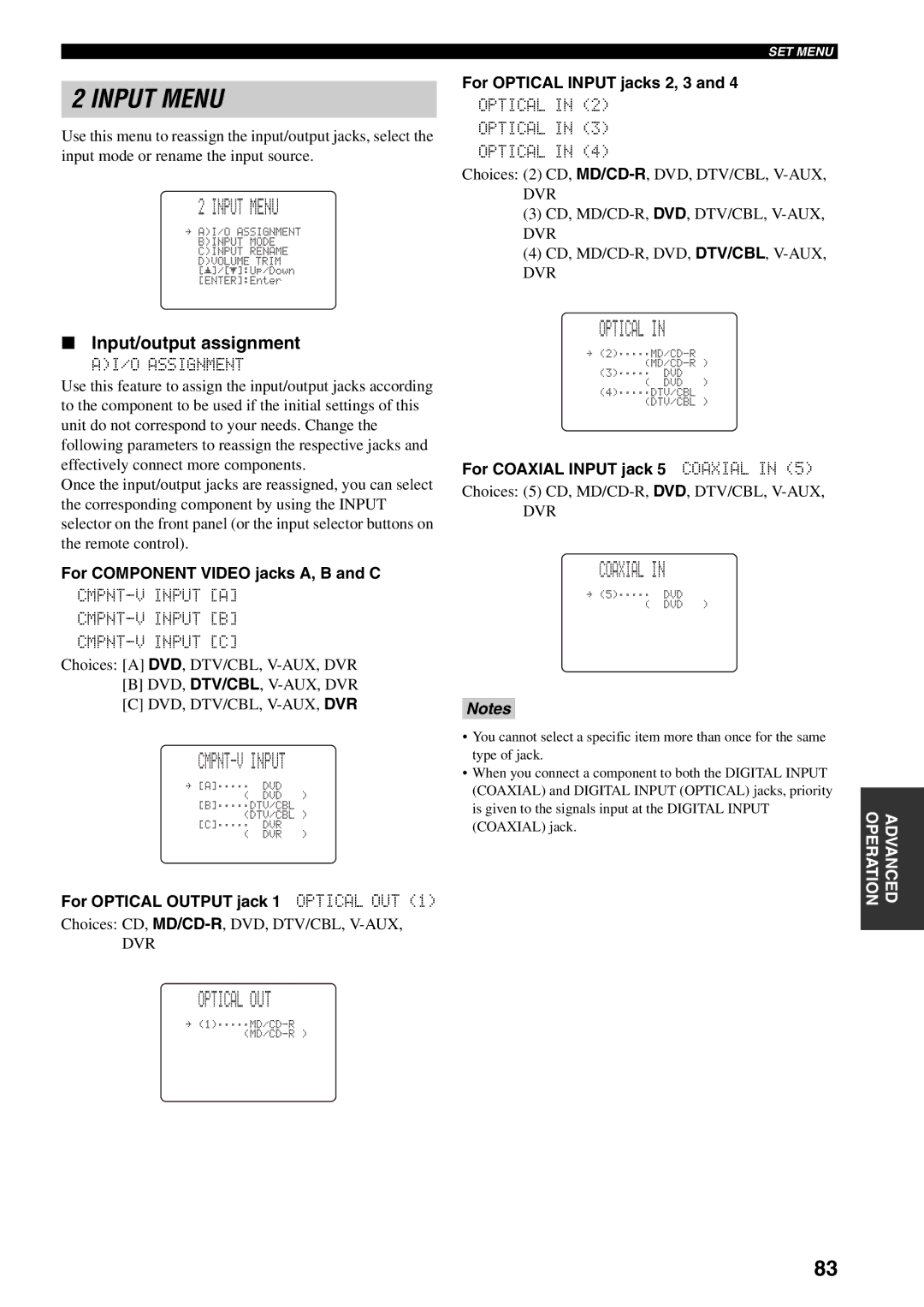 Yamaha RX-V559 owner manual Input Menu, CMPNT-V Input, Coaxial, Optical OUT 