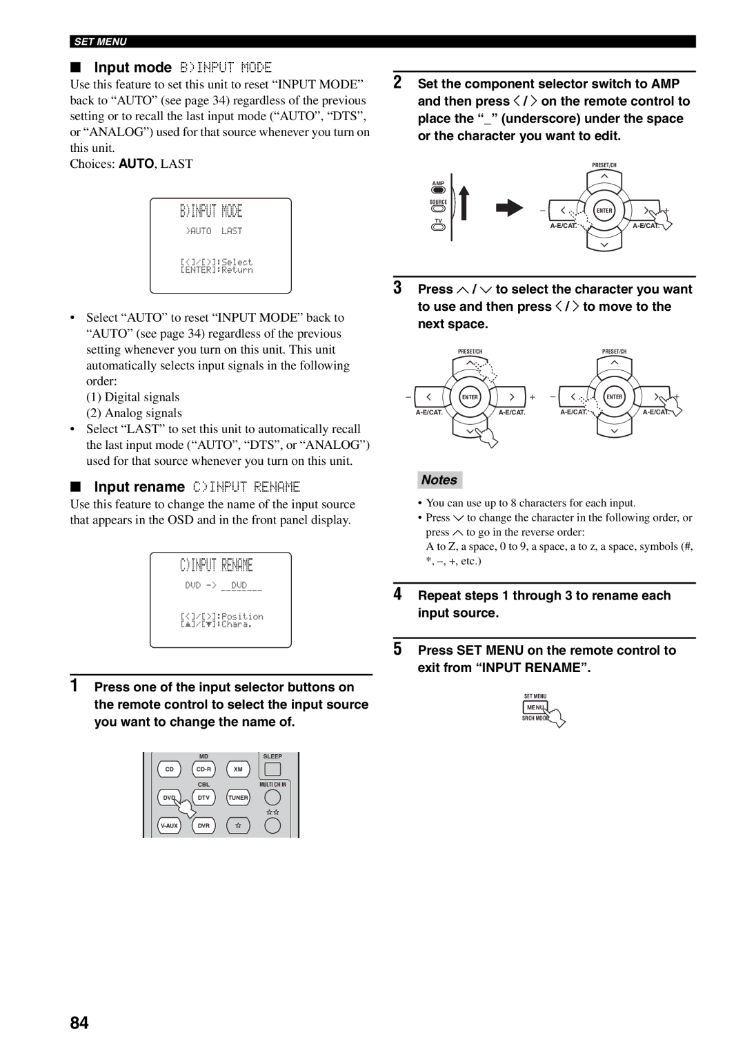 Yamaha RX-V559 owner manual Input mode Binput Mode, Input rename Cinput Rename 