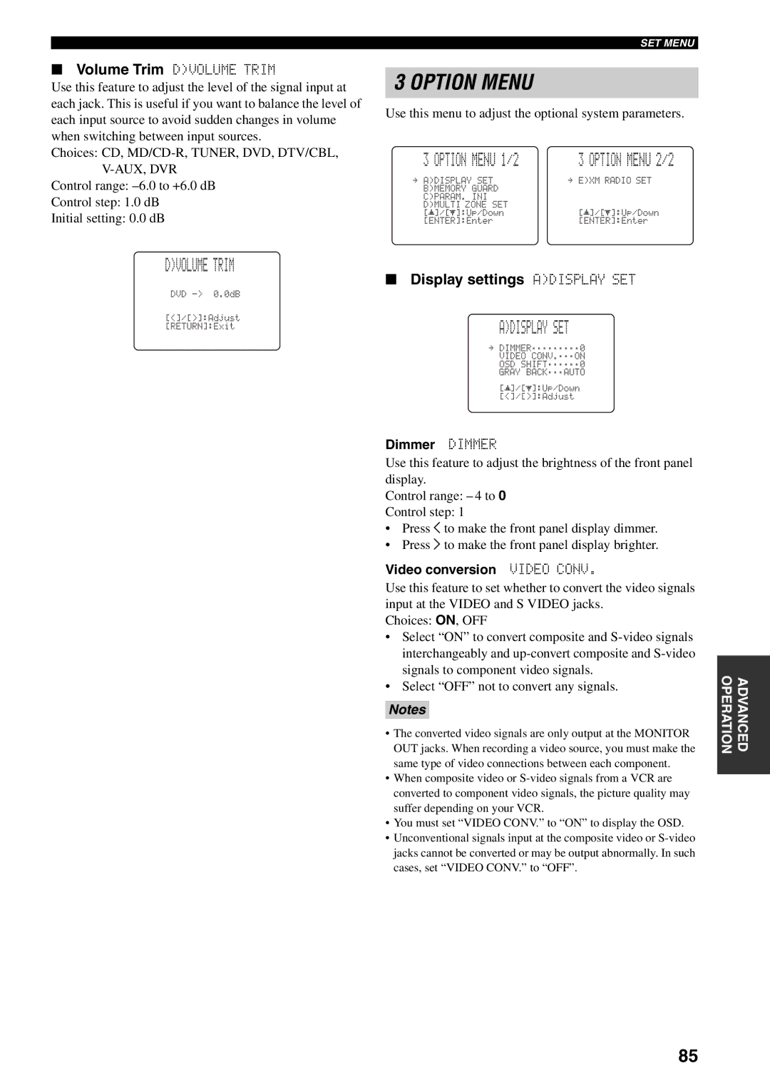 Yamaha RX-V559 owner manual Dvolume Trim, Display settings Adisplay SET, Dimmer Dimmer, Video conversion Video Conv 