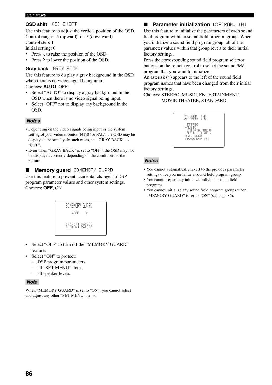 Yamaha RX-V559 Bmemory Guard, Cparam. Ini, Parameter initialization CPARAM. INI, OSD shift OSD Shift, Gray back Gray Back 