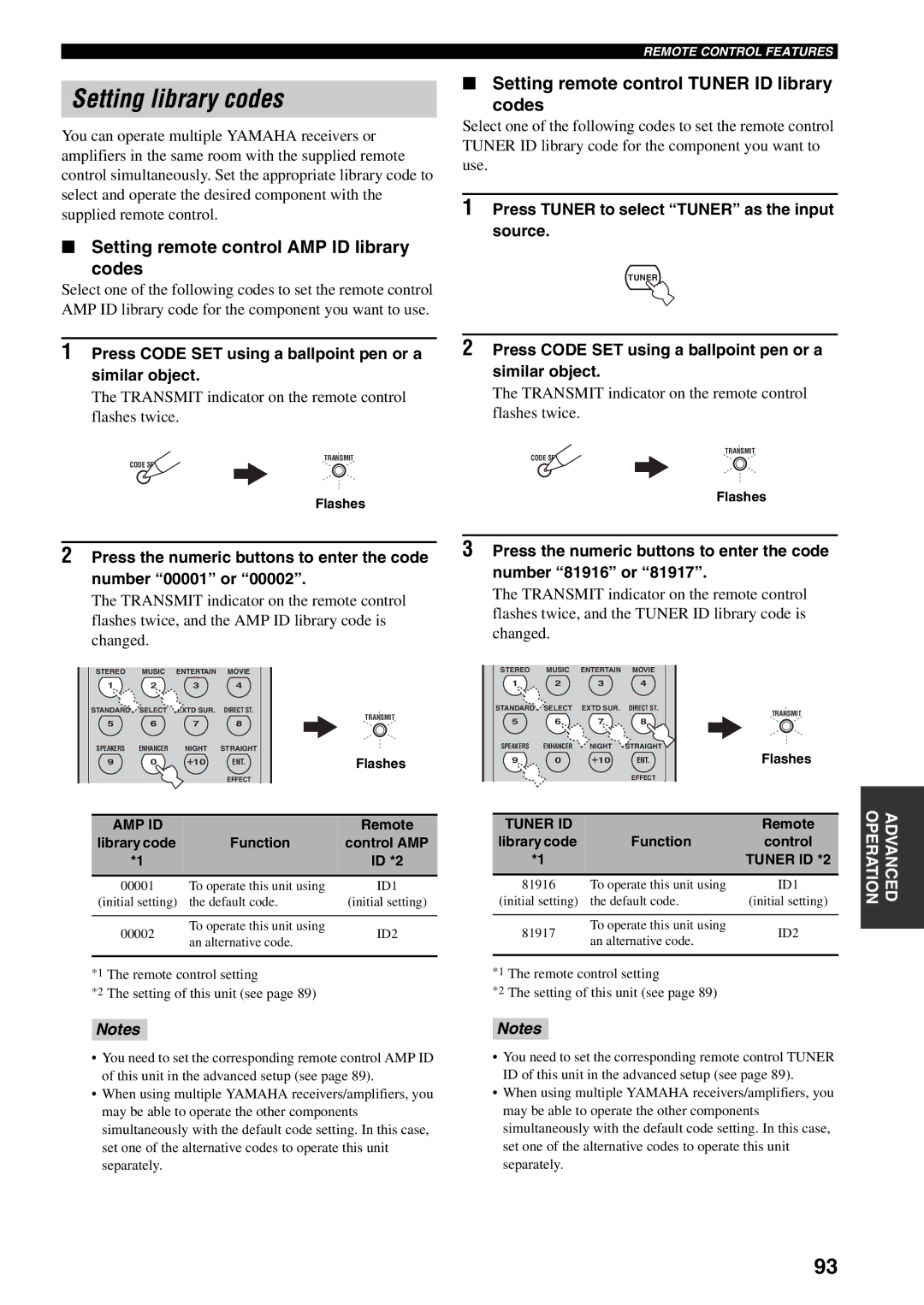 Yamaha RX-V559 owner manual Setting library codes, Setting remote control AMP ID library Codes 