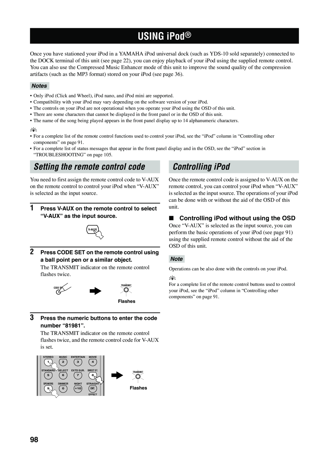 Yamaha RX-V559 owner manual USING iPod, Controlling iPod without using the OSD, Setting the remote control code, Notes 