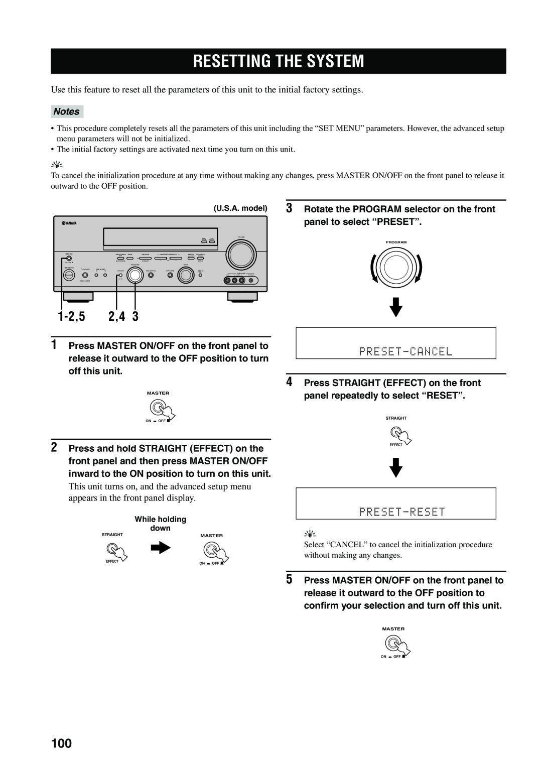 Yamaha RX-V559 owner manual Resetting The System, 1-2,5, Preset-Cancel, Preset-Reset, Notes 