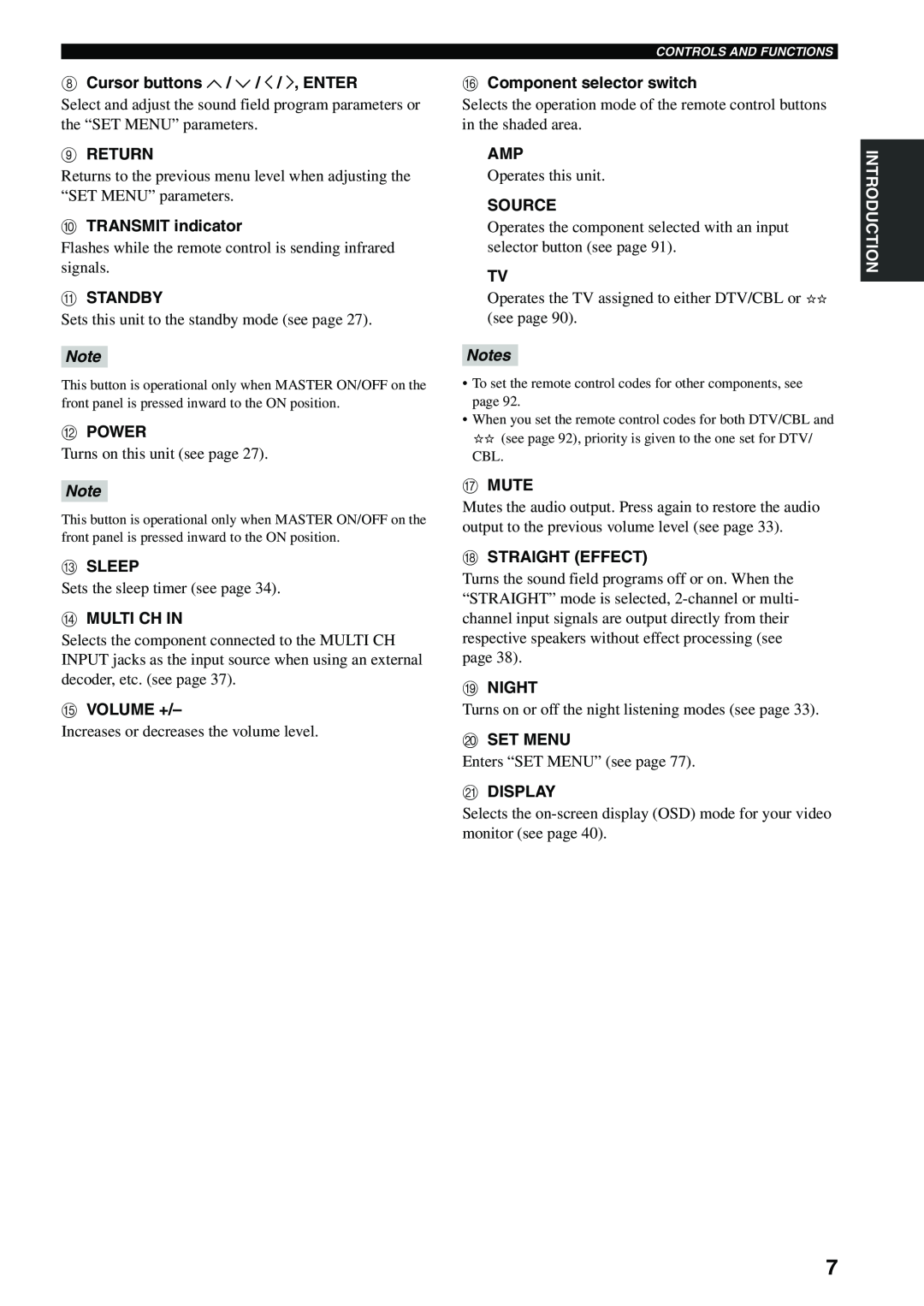 Yamaha RX-V559 owner manual 8Cursor buttons u / d / j / i, ENTER, Notes 
