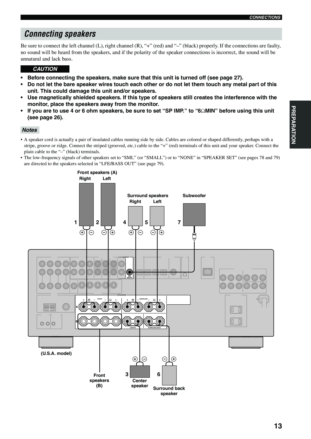 Yamaha RX-V559 owner manual Connecting speakers, Notes 