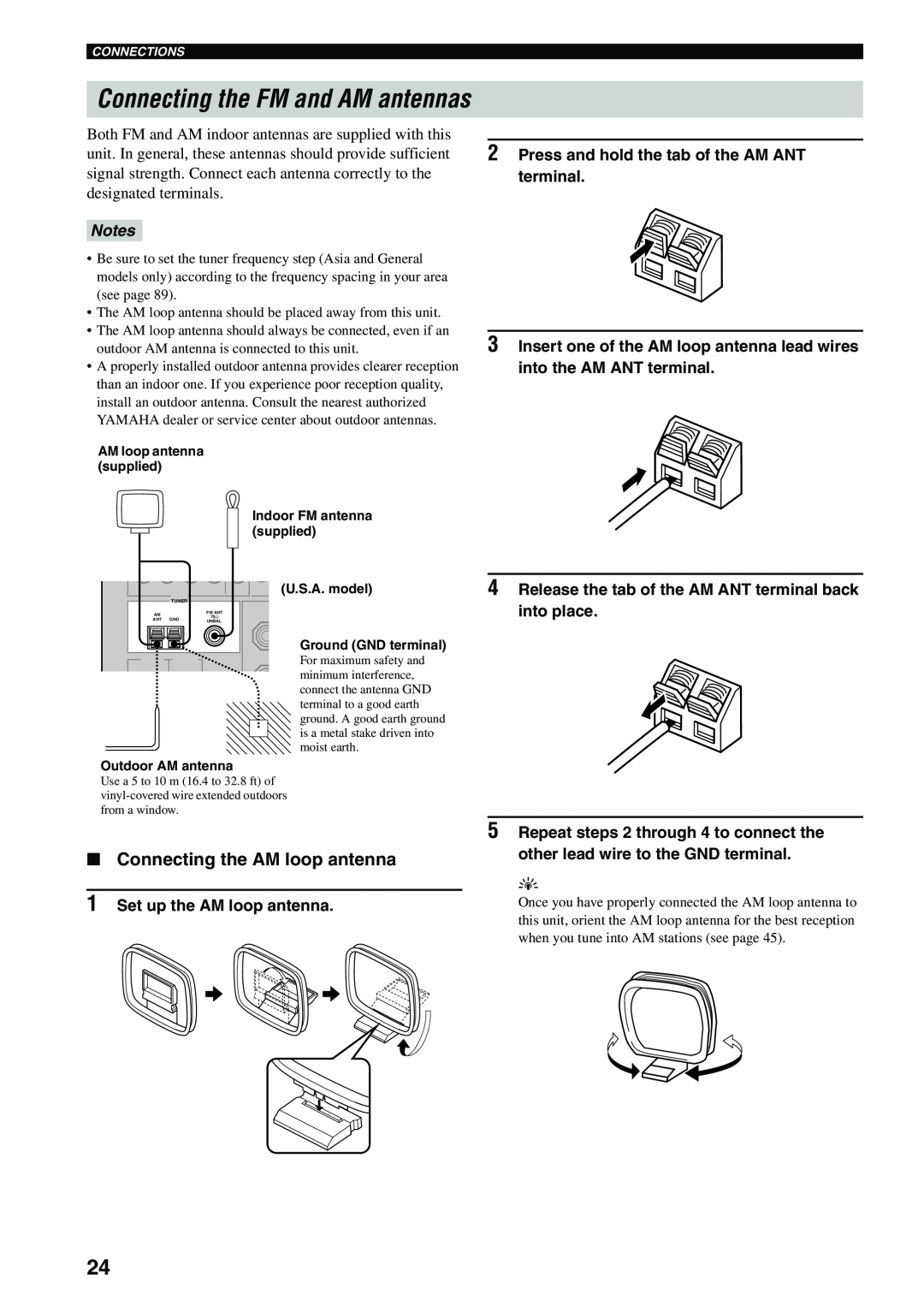 Yamaha RX-V559 owner manual Connecting the FM and AM antennas, Connecting the AM loop antenna, Notes 