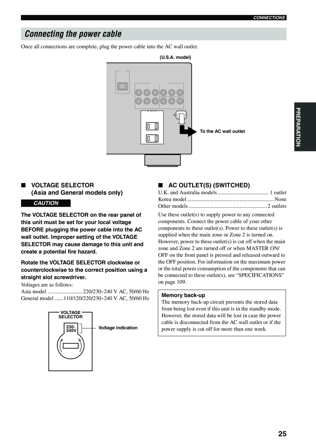 Yamaha RX-V559 owner manual Connecting the power cable, Ac Outlets Switched, VOLTAGE SELECTOR Asia and General models only 