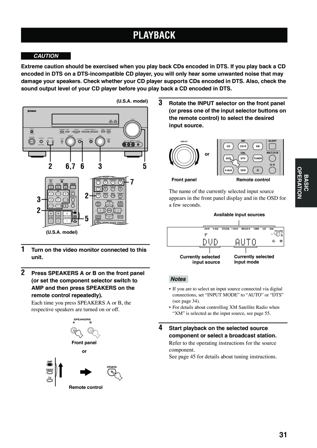 Yamaha RX-V559 owner manual Playback, Auto, 2 6,7, Notes 