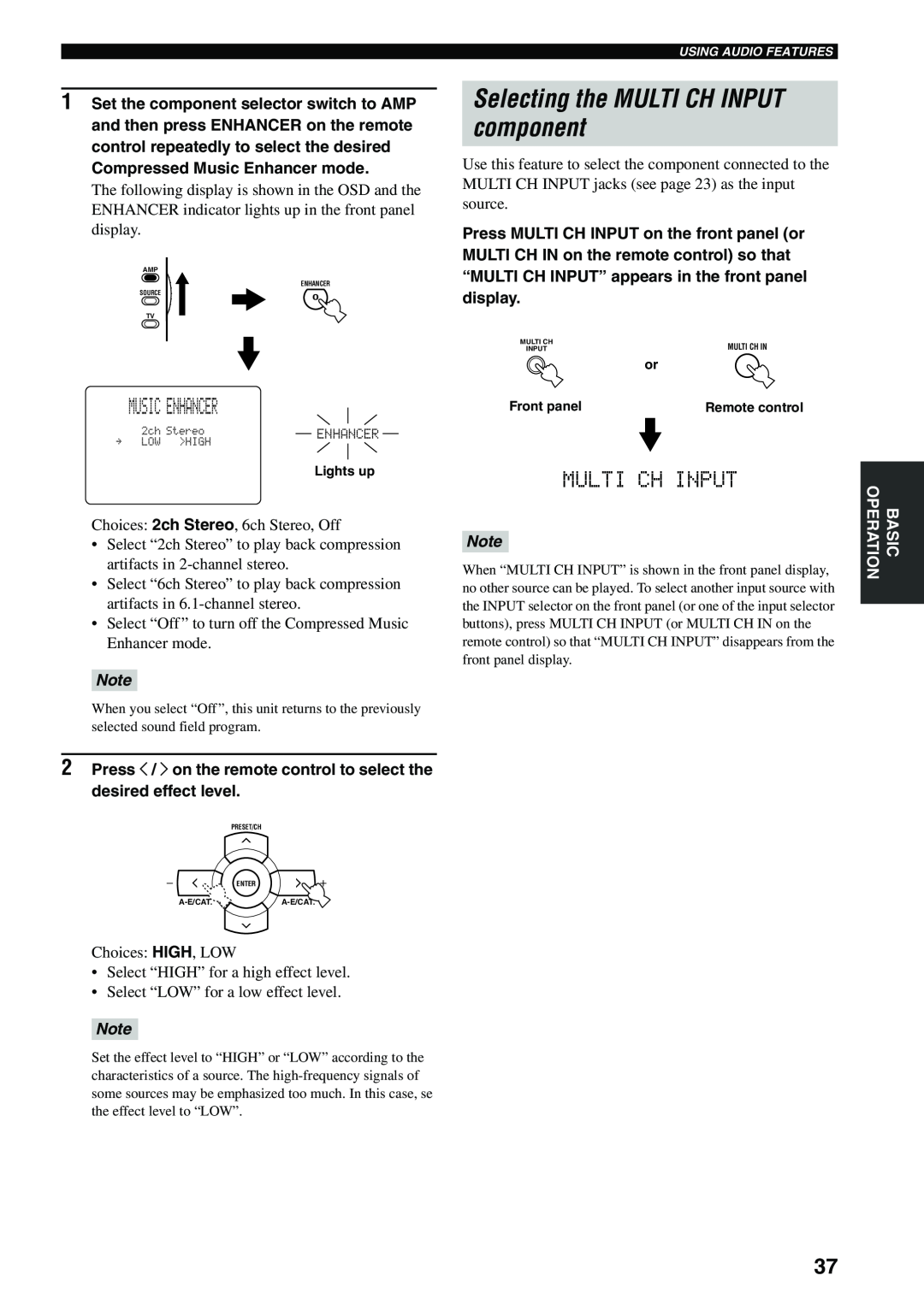 Yamaha RX-V559 owner manual Selecting the MULTI CH INPUT component, Music Enhancer, Multi Ch Input 