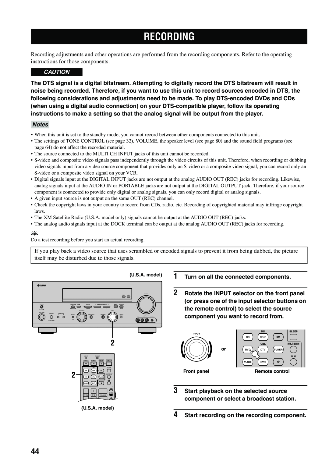 Yamaha RX-V559 owner manual Recording, Notes 