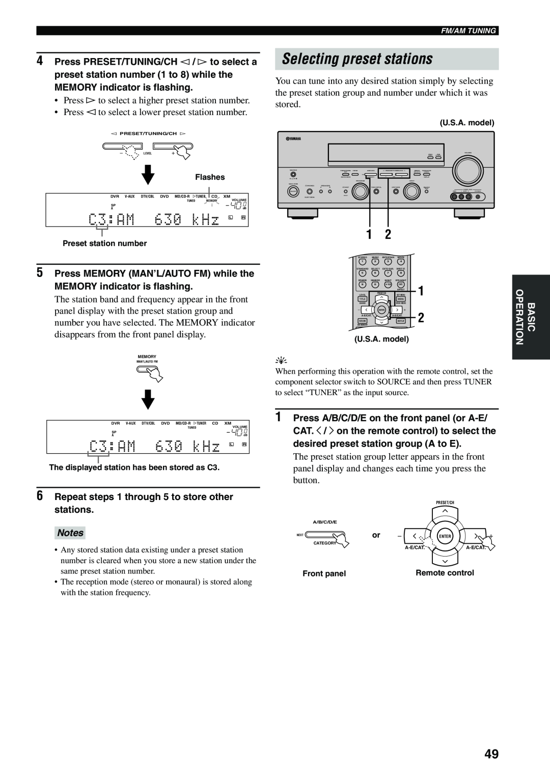 Yamaha RX-V559 owner manual Selecting preset stations, C3:AM 630 kHz L R, Notes 