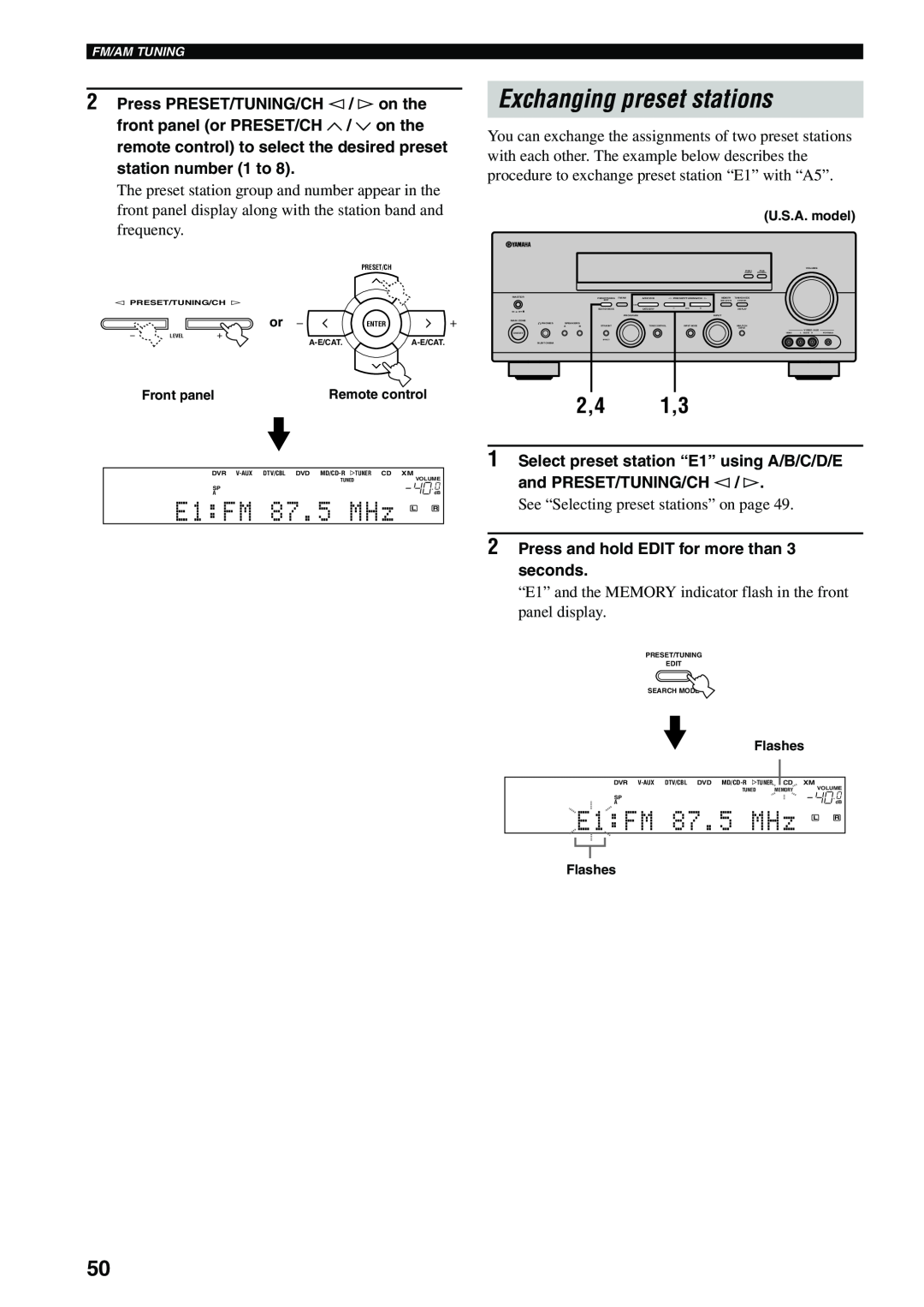 Yamaha RX-V559 owner manual E1:FM 87.5 MHz L R, Exchanging preset stations, 2,4 1,3 