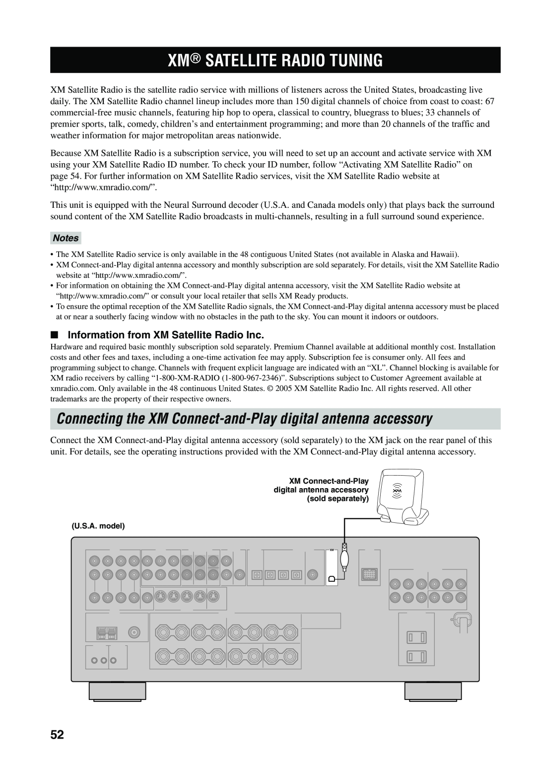 Yamaha RX-V559 owner manual Xm Satellite Radio Tuning, Information from XM Satellite Radio Inc, Notes 