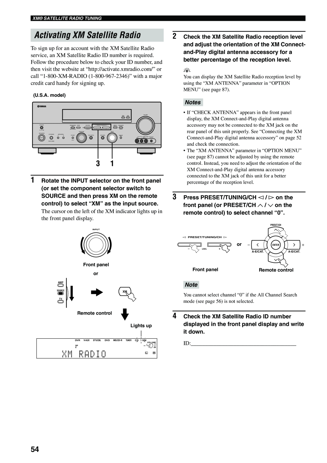 Yamaha RX-V559 owner manual Activating XM Satellite Radio, Xm Radio, Notes 