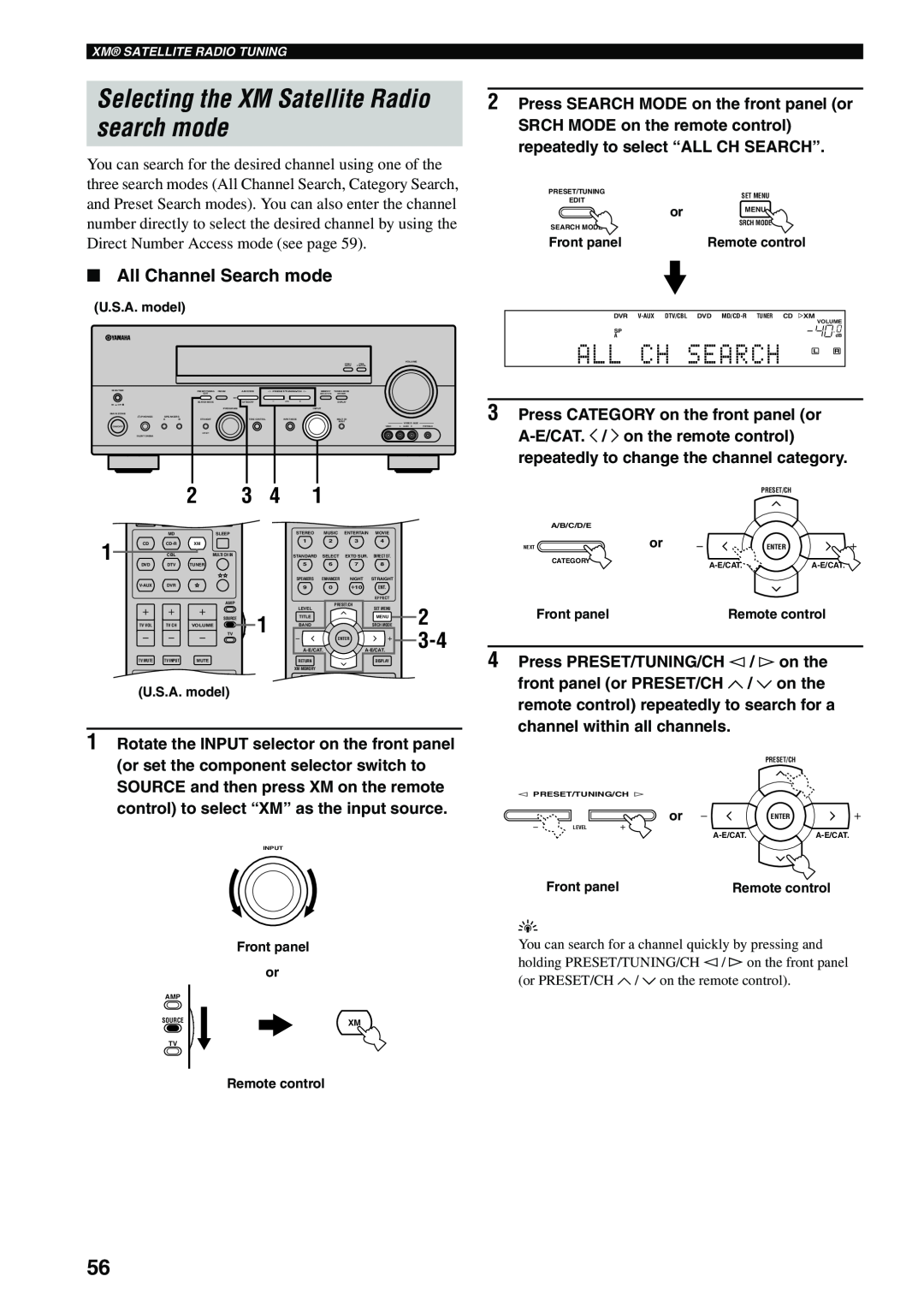 Yamaha RX-V559 owner manual Selecting the XM Satellite Radio search mode, Ch Search, All Channel Search mode 