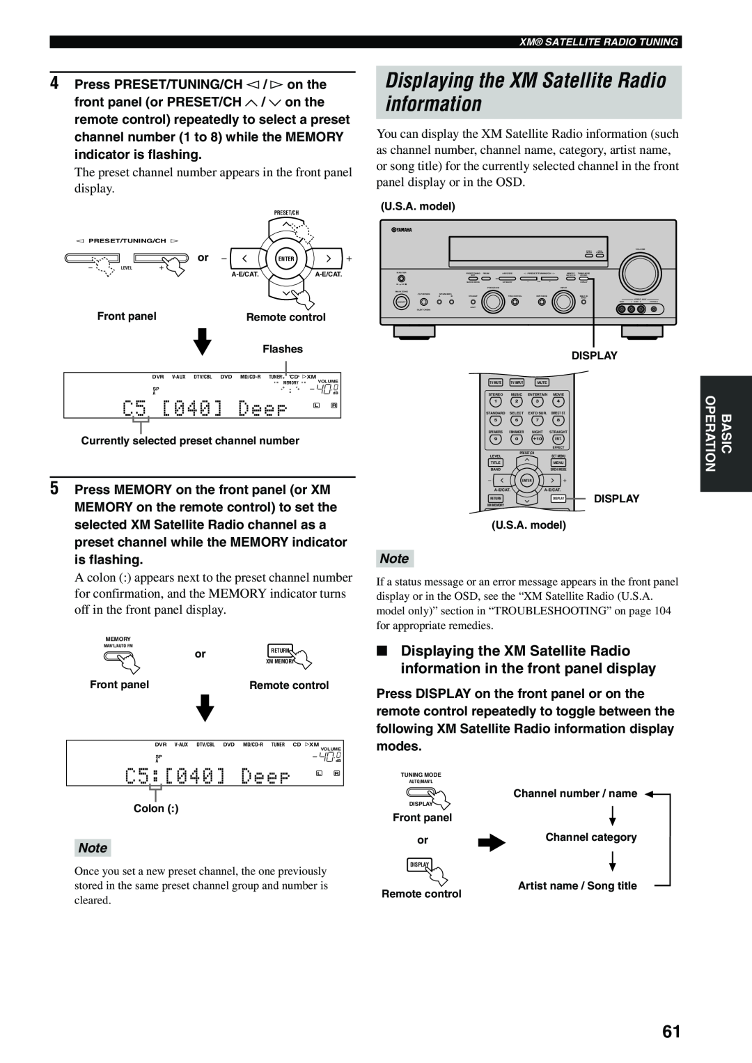 Yamaha RX-V559 owner manual C5 040 Deep L R, C5:040 Deep L R, Displaying the XM Satellite Radio information 