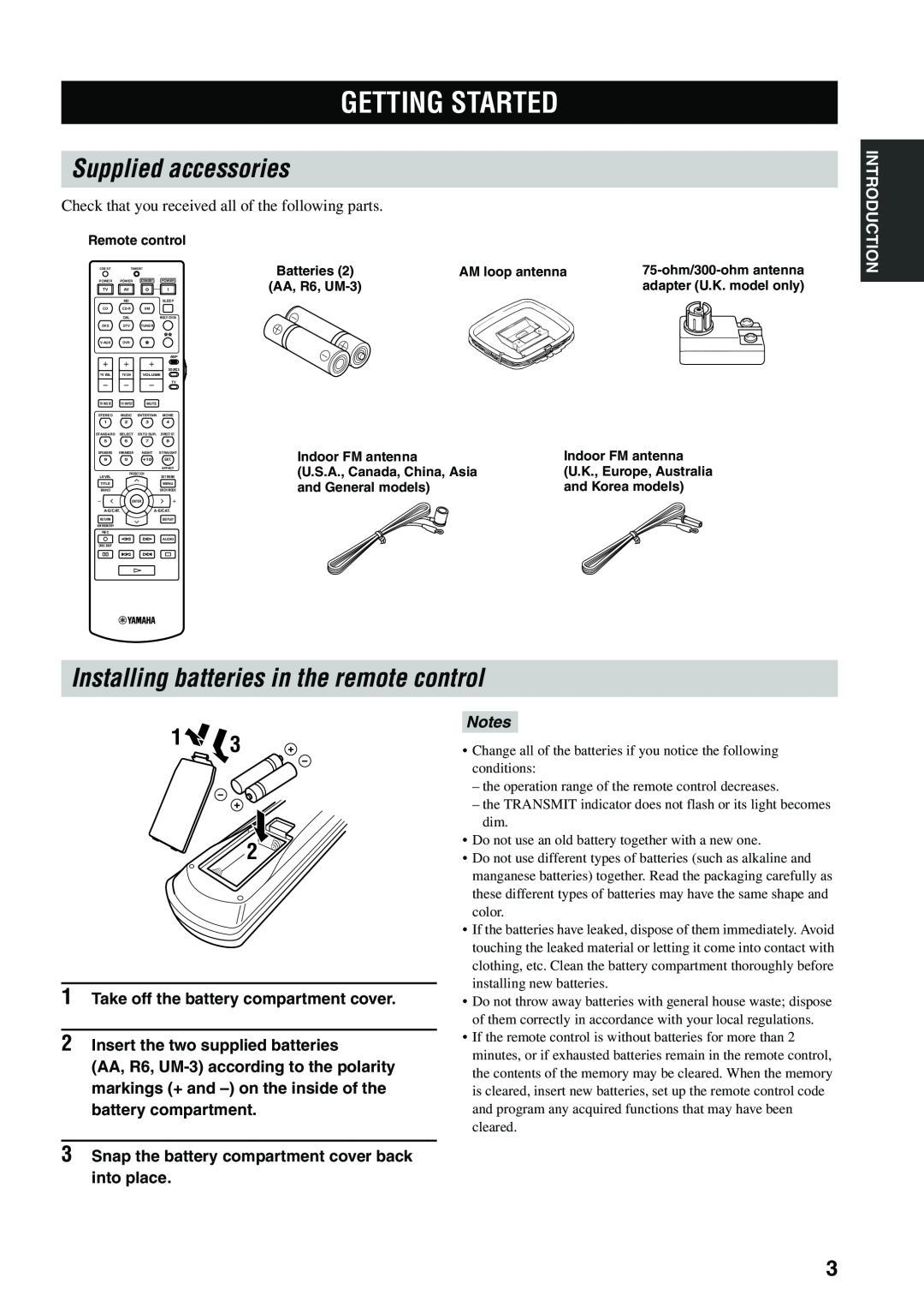 Yamaha RX-V559 owner manual Getting Started, Supplied accessories, Installing batteries in the remote control, 13 2, Notes 