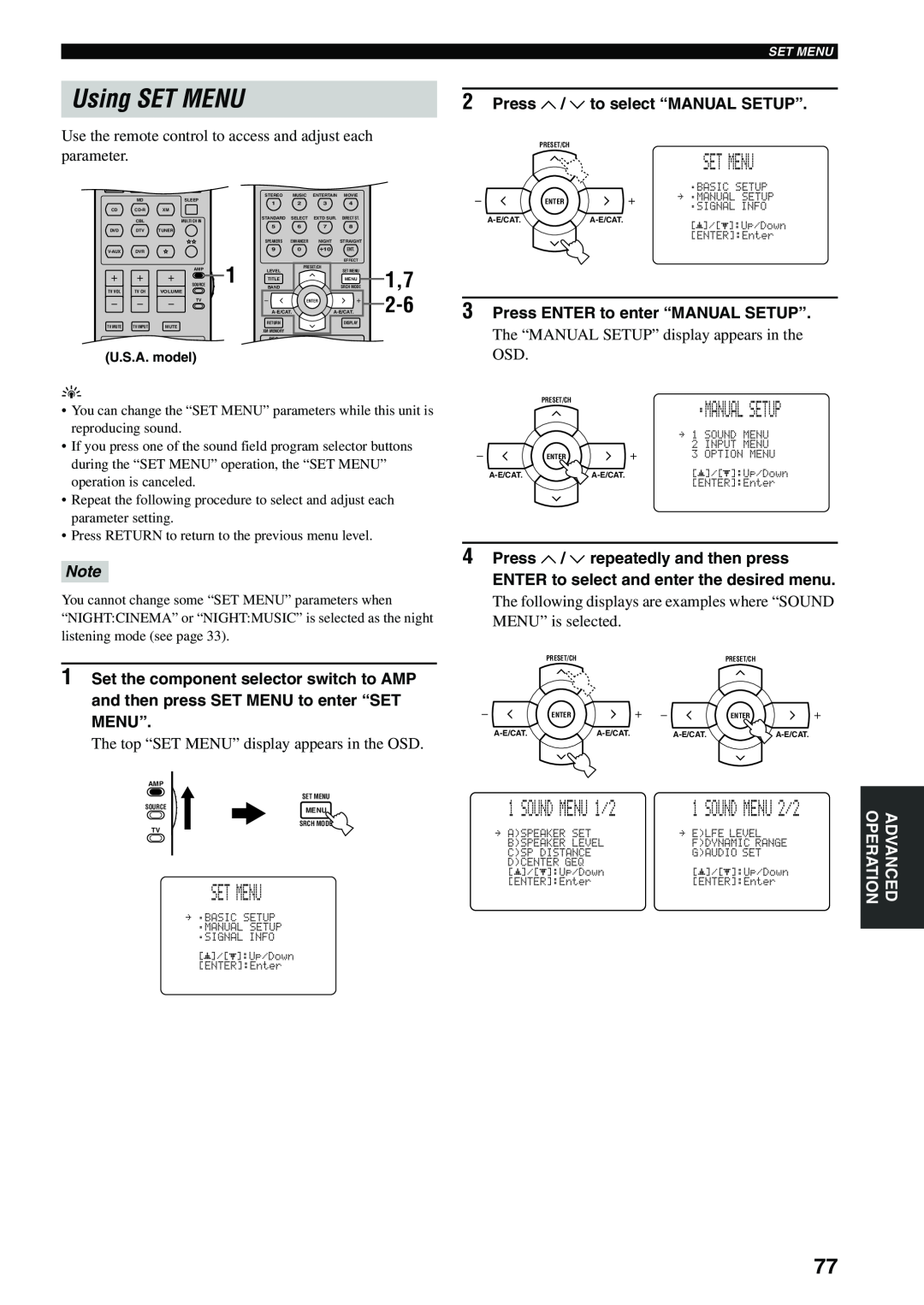 Yamaha RX-V559 owner manual Using SET MENU, Set Menu 