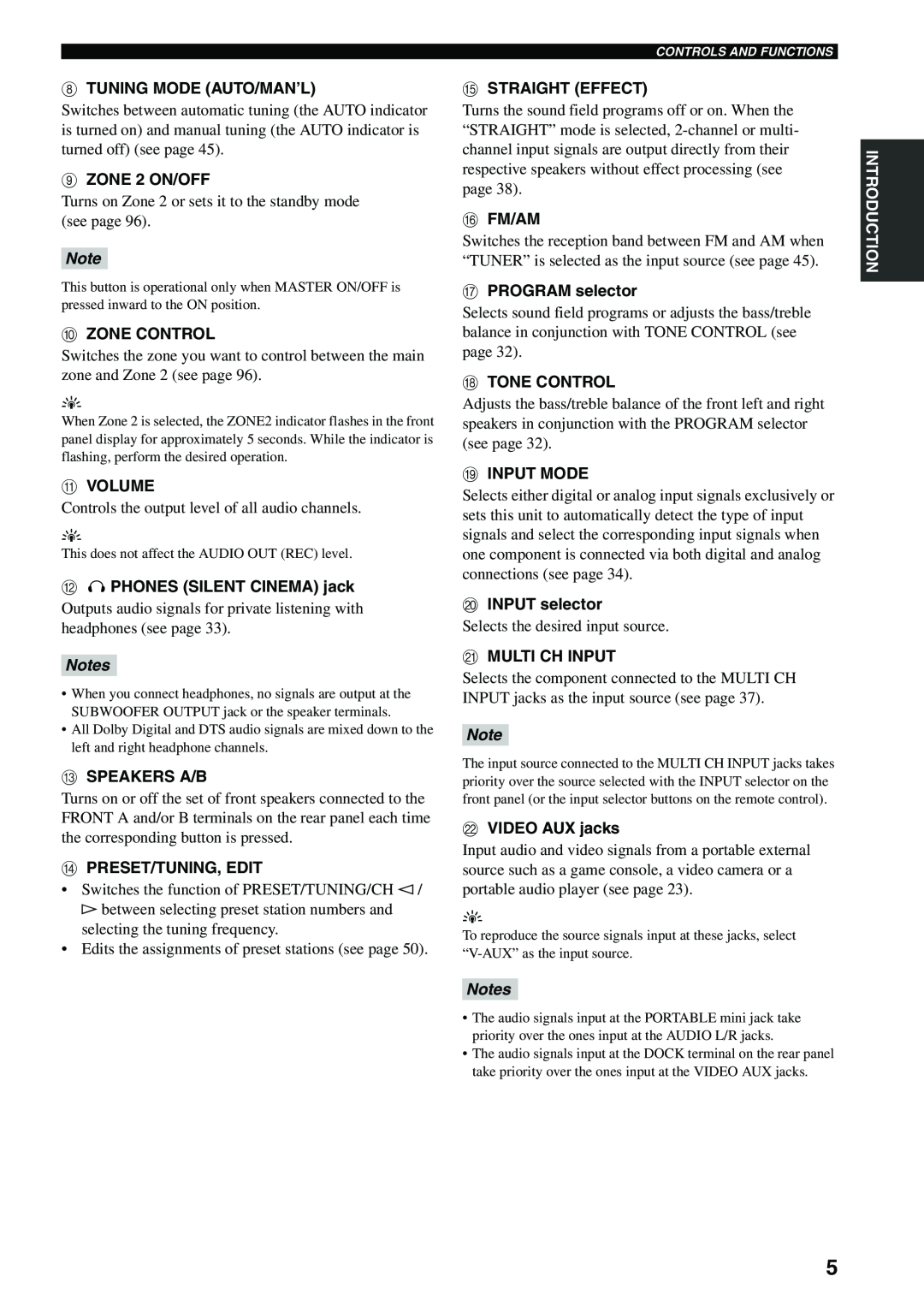 Yamaha RX-V559 owner manual 8TUNING MODE AUTO/MAN’L, Notes 