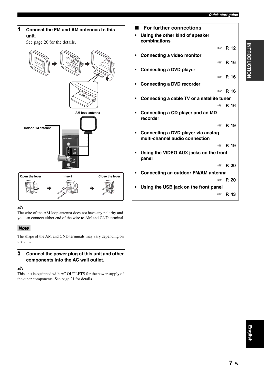 Yamaha RX-V561 For further connections, Connect the FM and AM antennas to this unit, See page 20 for the details 