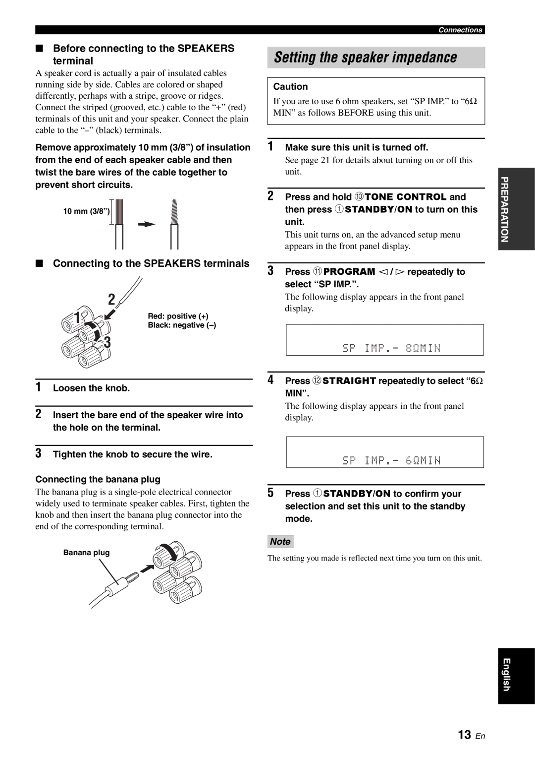 Yamaha RX-V561 owner manual Setting the speaker impedance, 13 En, Before connecting to the Speakers Terminal, Min 