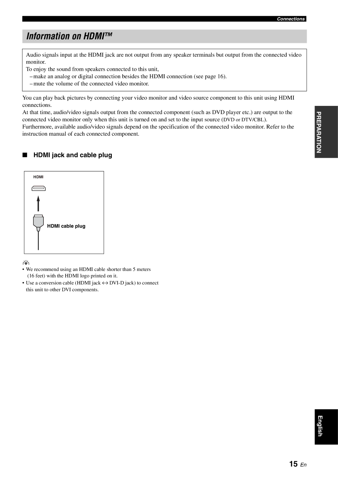 Yamaha RX-V561 owner manual Information on Hdmi, 15 En, Hdmi jack and cable plug, Hdmi cable plug 