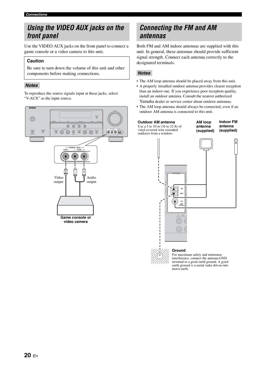 Yamaha RX-V561 owner manual Using the Video AUX jacks on the front panel, Connecting the FM and AM antennas, 20 En 