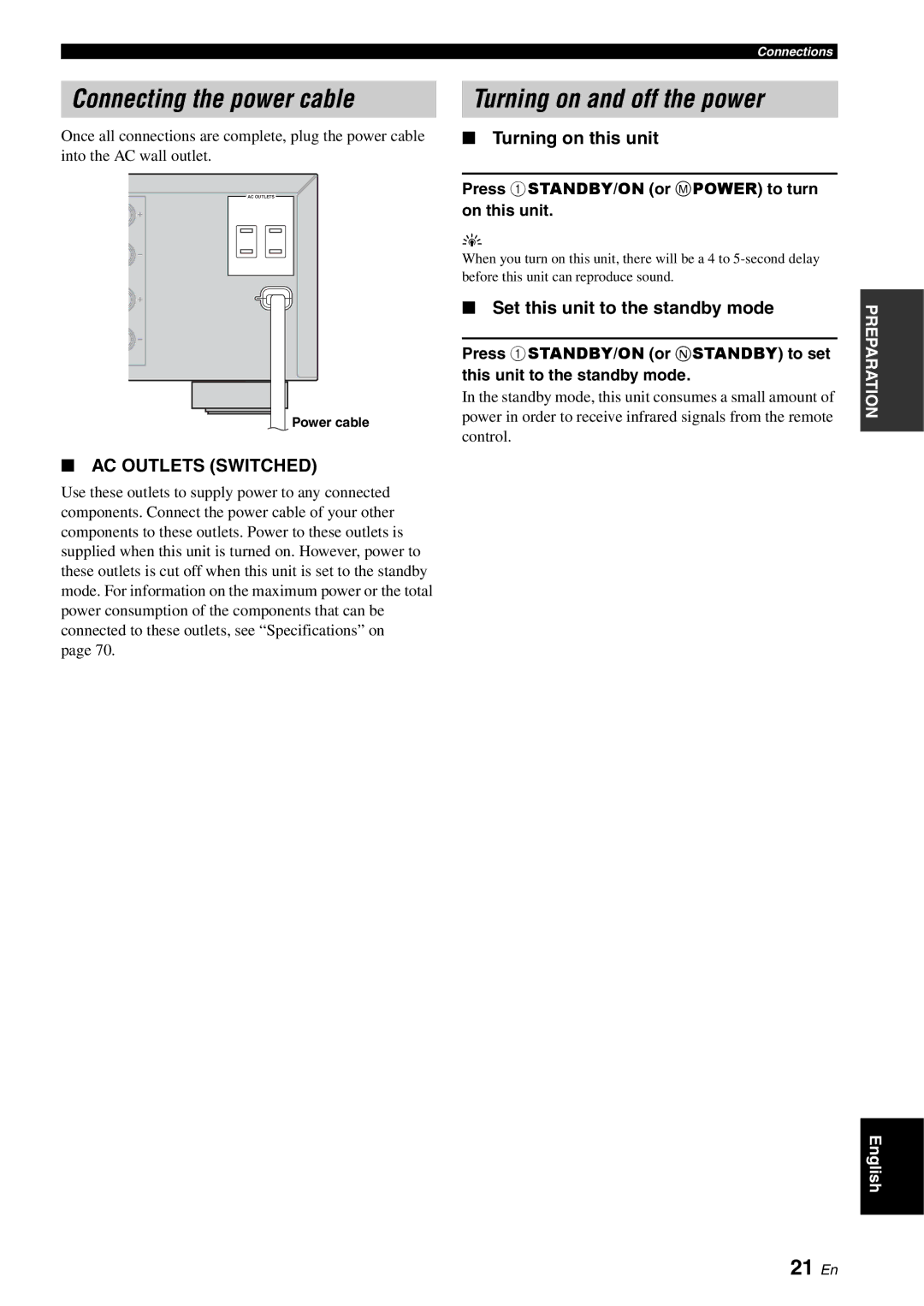 Yamaha RX-V561 owner manual Connecting the power cable, Turning on and off the power, 21 En, Turning on this unit 