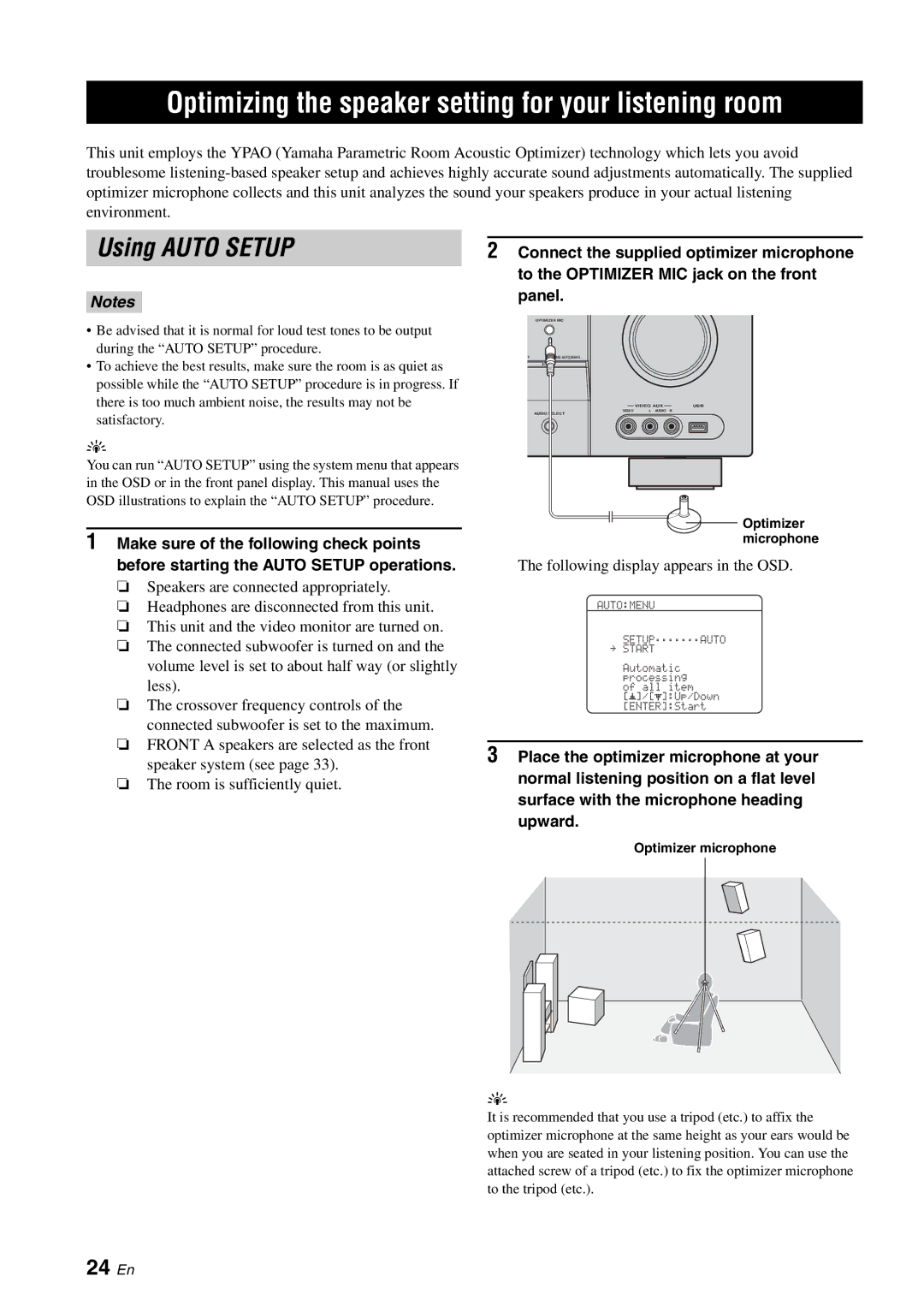 Yamaha RX-V561 owner manual Optimizing the speaker setting for your listening room, Using Auto Setup, 24 En 