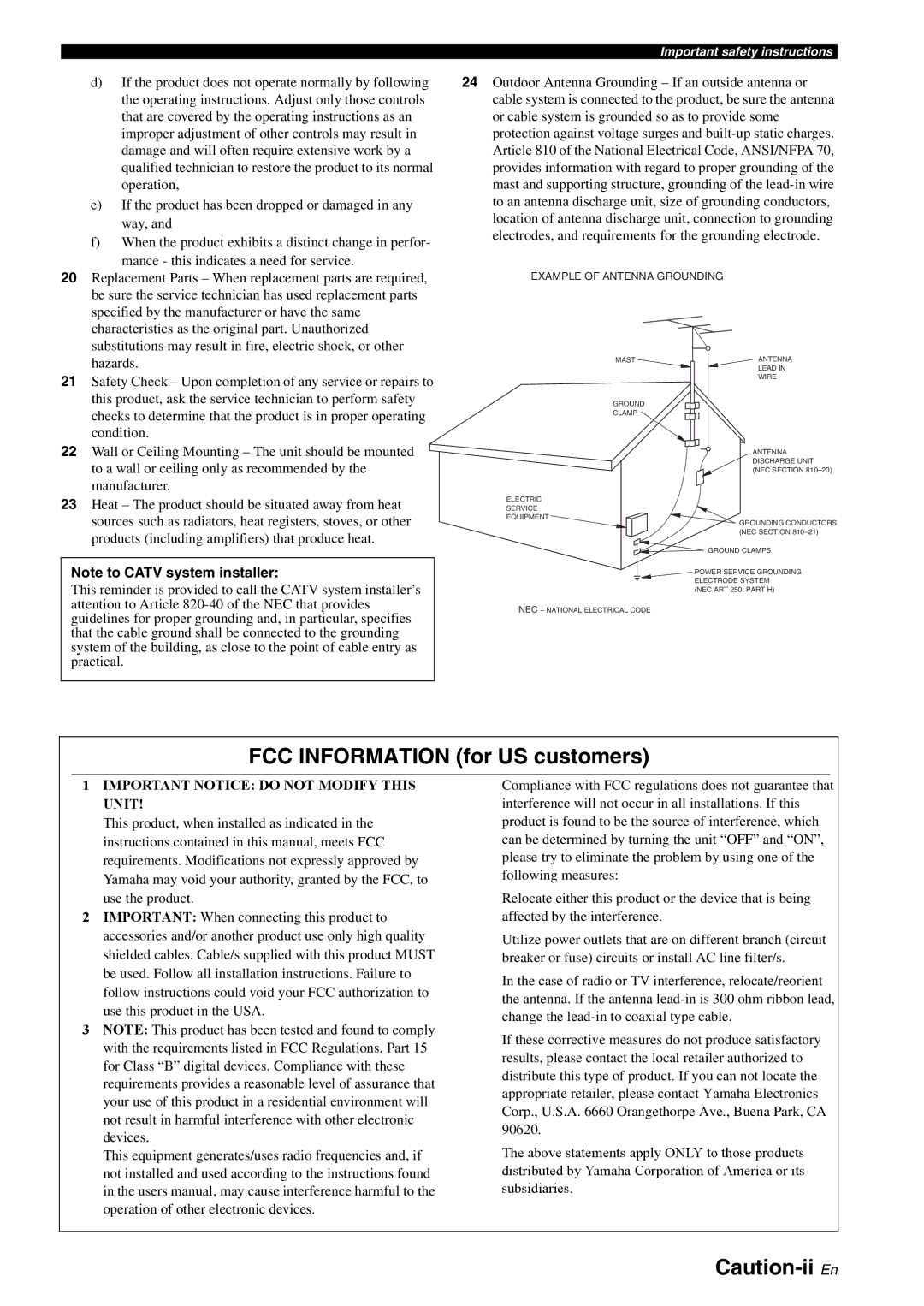 Yamaha RX-V561 owner manual FCC Information for US customers, Example of Antenna Grounding 