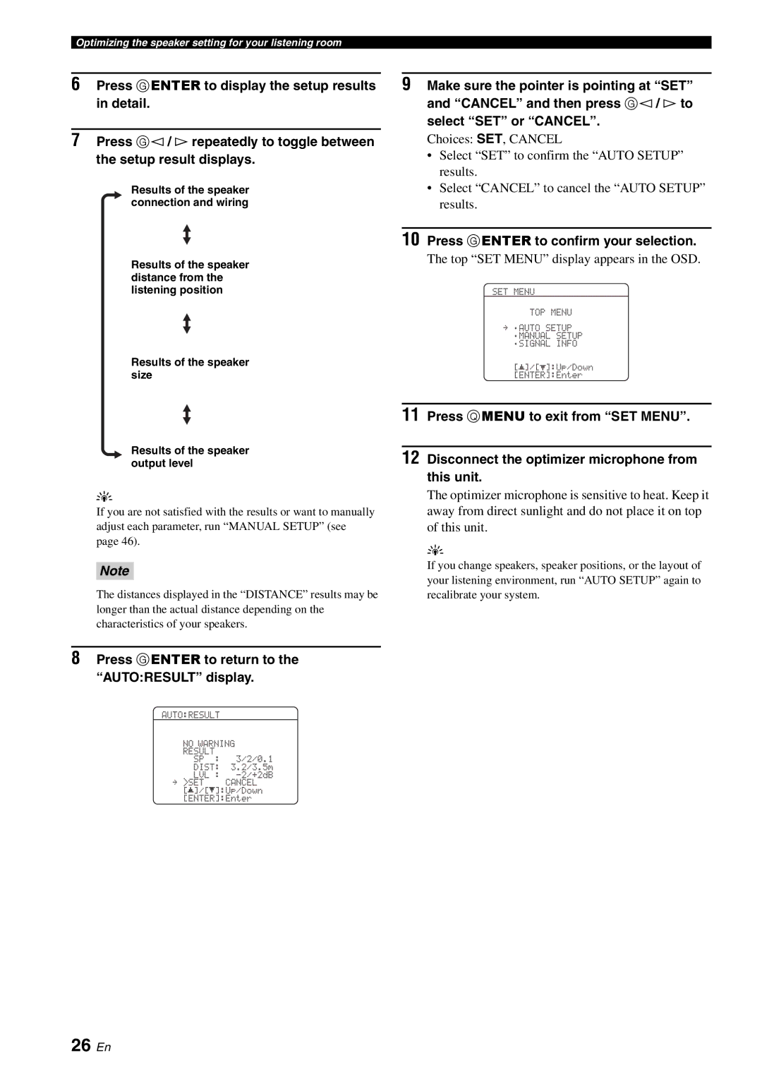 Yamaha RX-V561 26 En, Press G Enter to return to the Autoresult display, Press G Enter to confirm your selection 