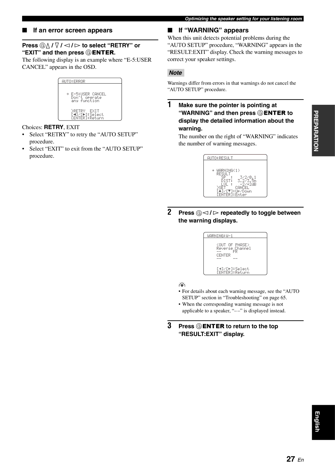 Yamaha RX-V561 owner manual 27 En, If an error screen appears, If Warning appears 