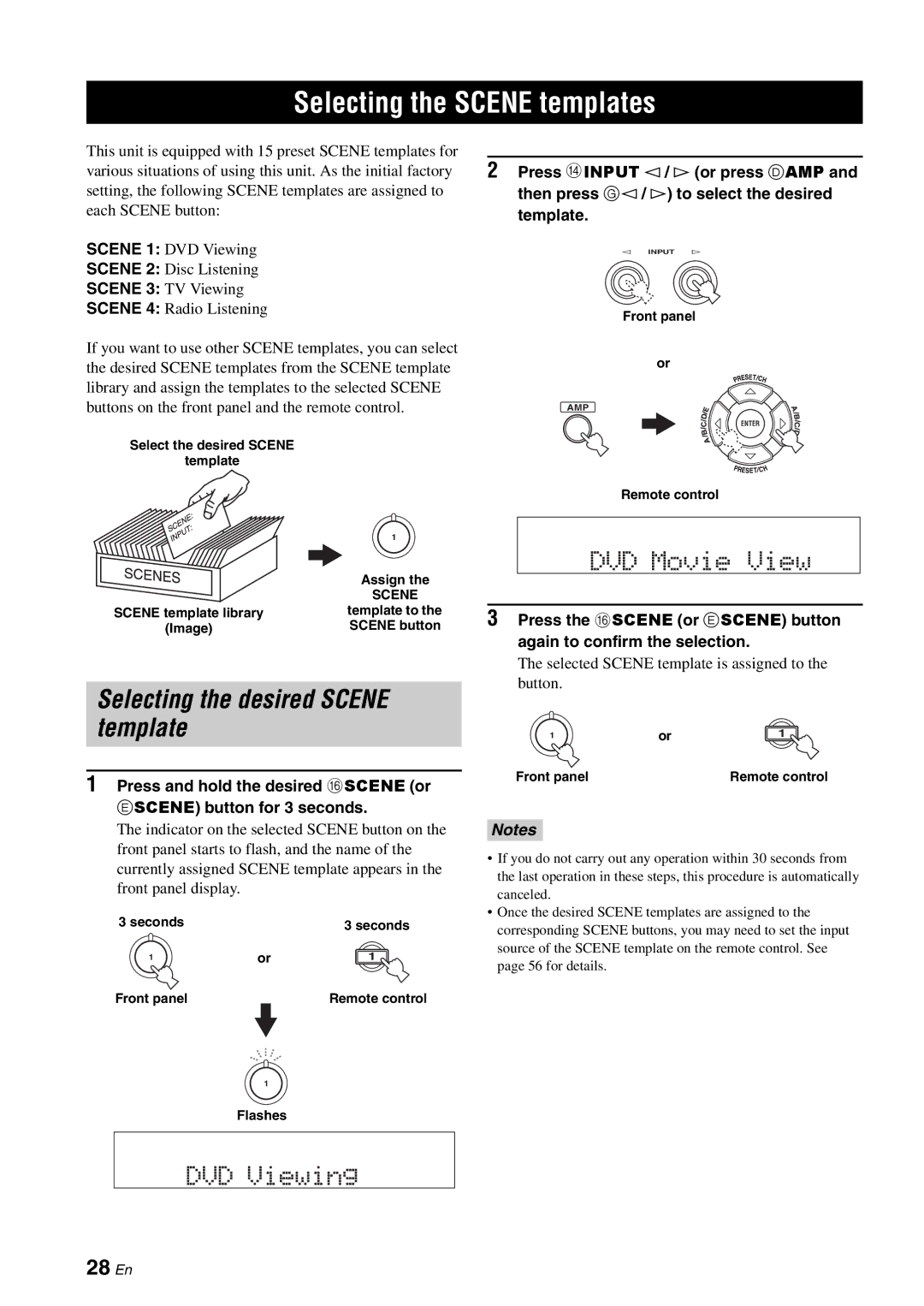 Yamaha RX-V561 owner manual Selecting the Scene templates, Selecting the desired Scene template, 28 En 