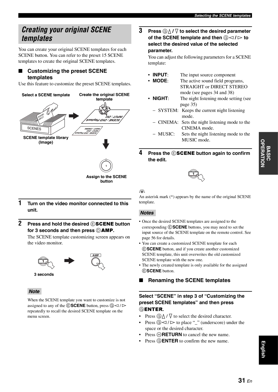 Yamaha RX-V561 owner manual Creating your original Scene templates, 31 En, Customizing the preset Scene Templates 