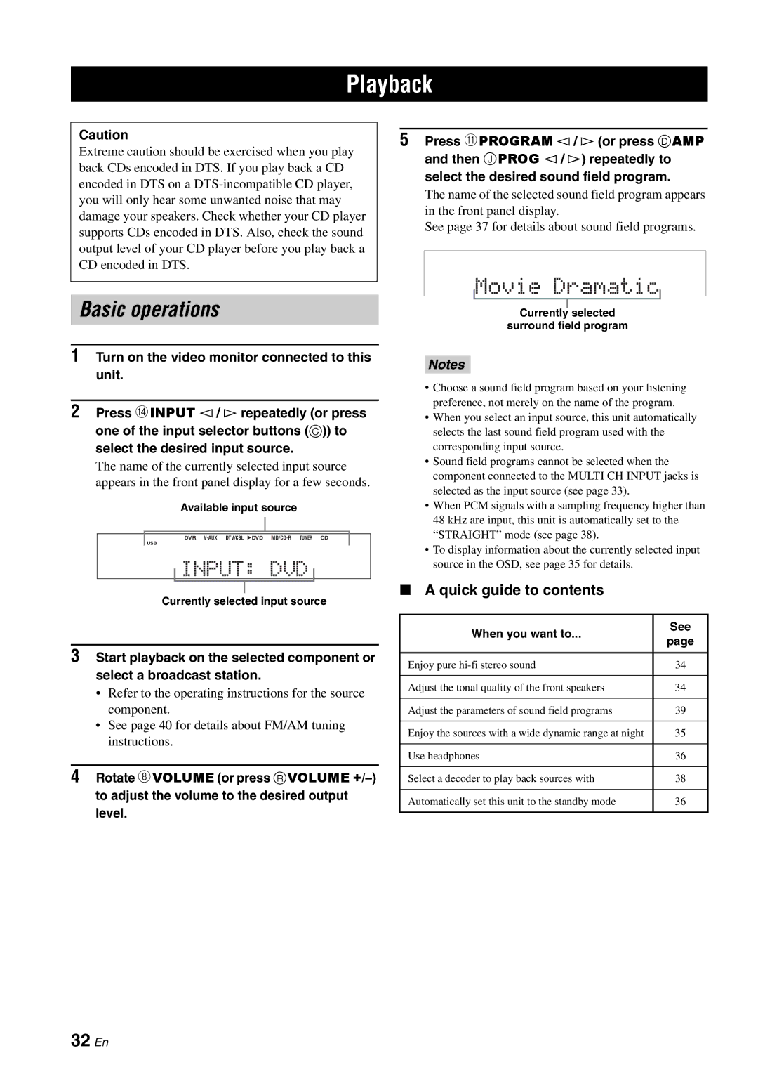 Yamaha RX-V561 owner manual Playback, Basic operations, 32 En, Quick guide to contents 