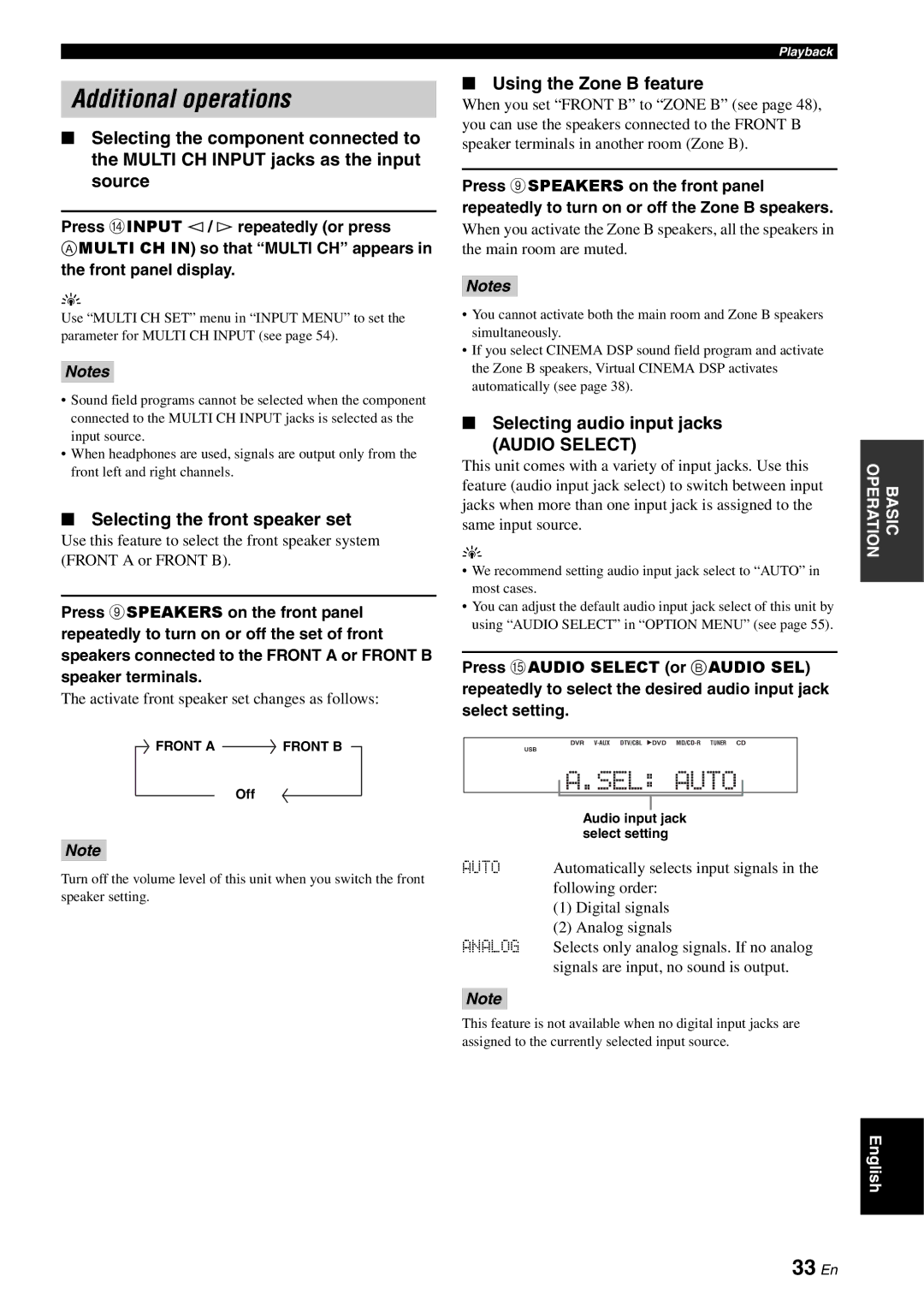 Yamaha RX-V561 owner manual Additional operations, 33 En, Selecting the front speaker set, Using the Zone B feature 