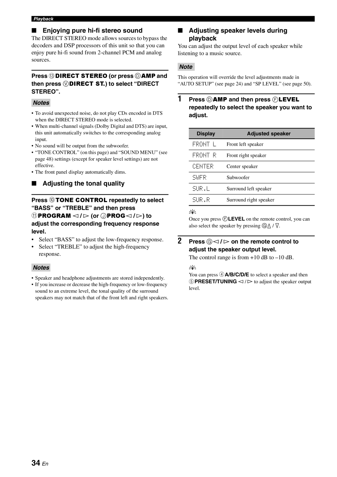 Yamaha RX-V561 owner manual 34 En, Enjoying pure hi-fi stereo sound, Adjusting the tonal quality, Stereo 