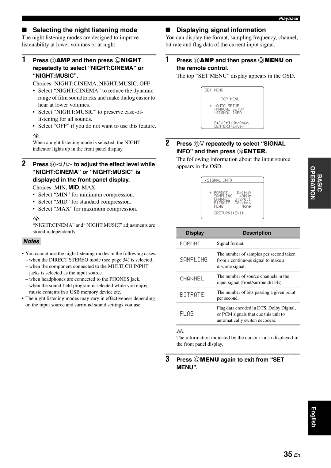 Yamaha RX-V561 owner manual 35 En, Selecting the night listening mode, Displaying signal information 