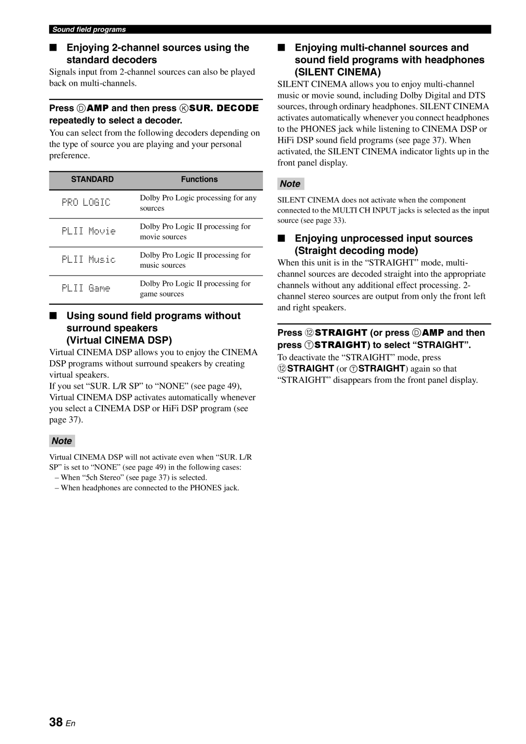 Yamaha RX-V561 owner manual 38 En, Enjoying 2-channel sources using Standard decoders, PRO Logic 