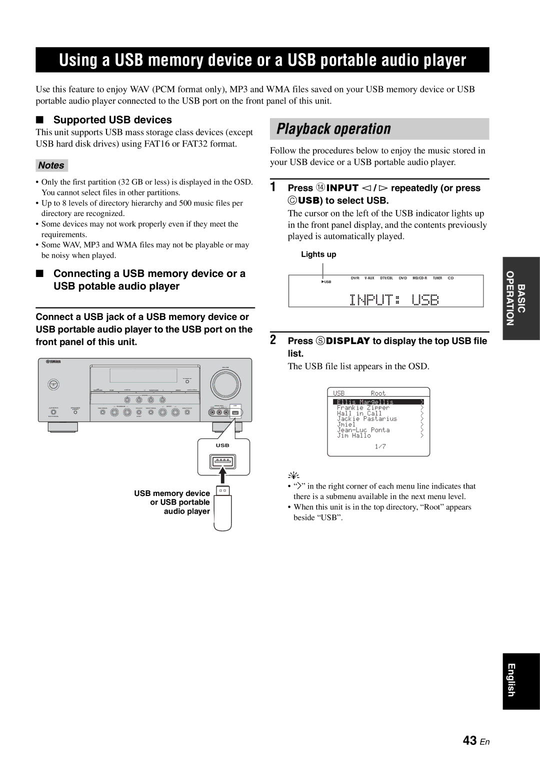 Yamaha RX-V561 Using a USB memory device or a USB portable audio player, Playback operation, 43 En, Supported USB devices 