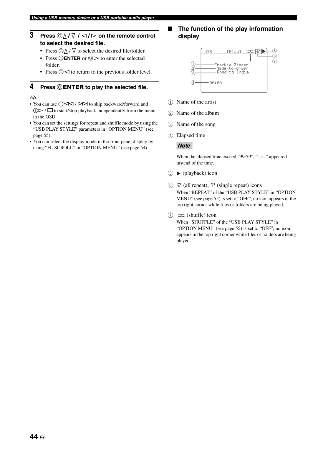 Yamaha RX-V561 44 En, Function of the play information display, Press G Enter to play the selected file, Shuffle icon 