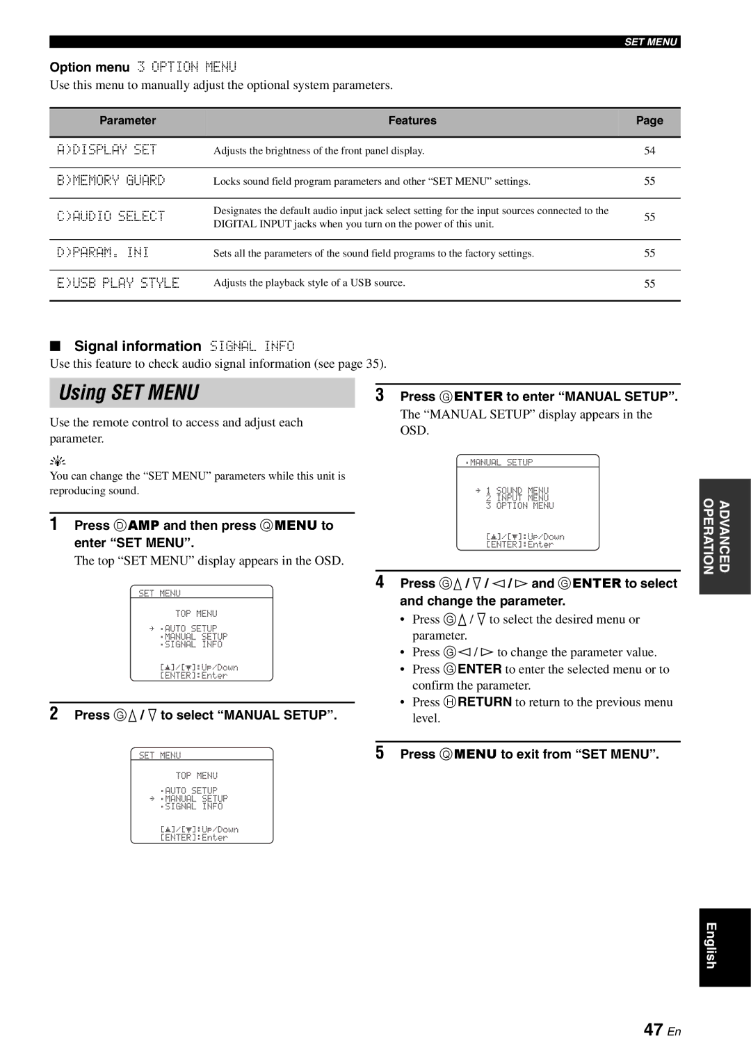 Yamaha RX-V561 owner manual Using SET Menu, 47 En, Signal information Signal Info 