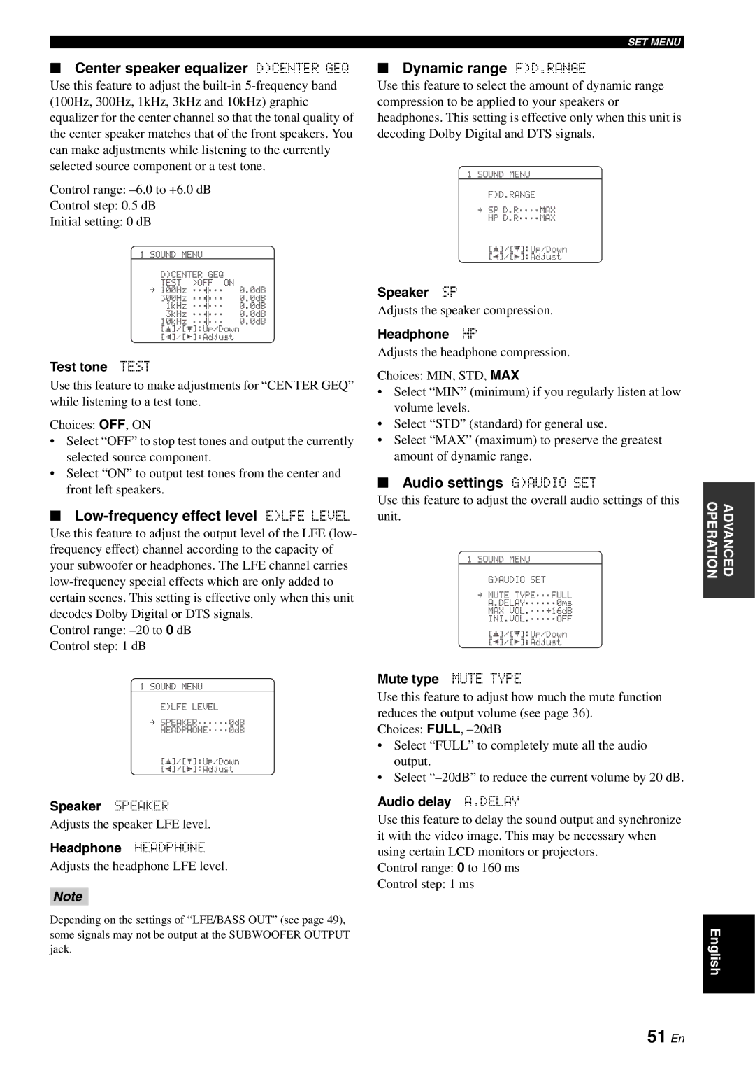 Yamaha RX-V561 51 En, Center speaker equalizer Dcenter GEQ, Low-frequency effect level Elfe Level, Dynamic range FD.RANGE 