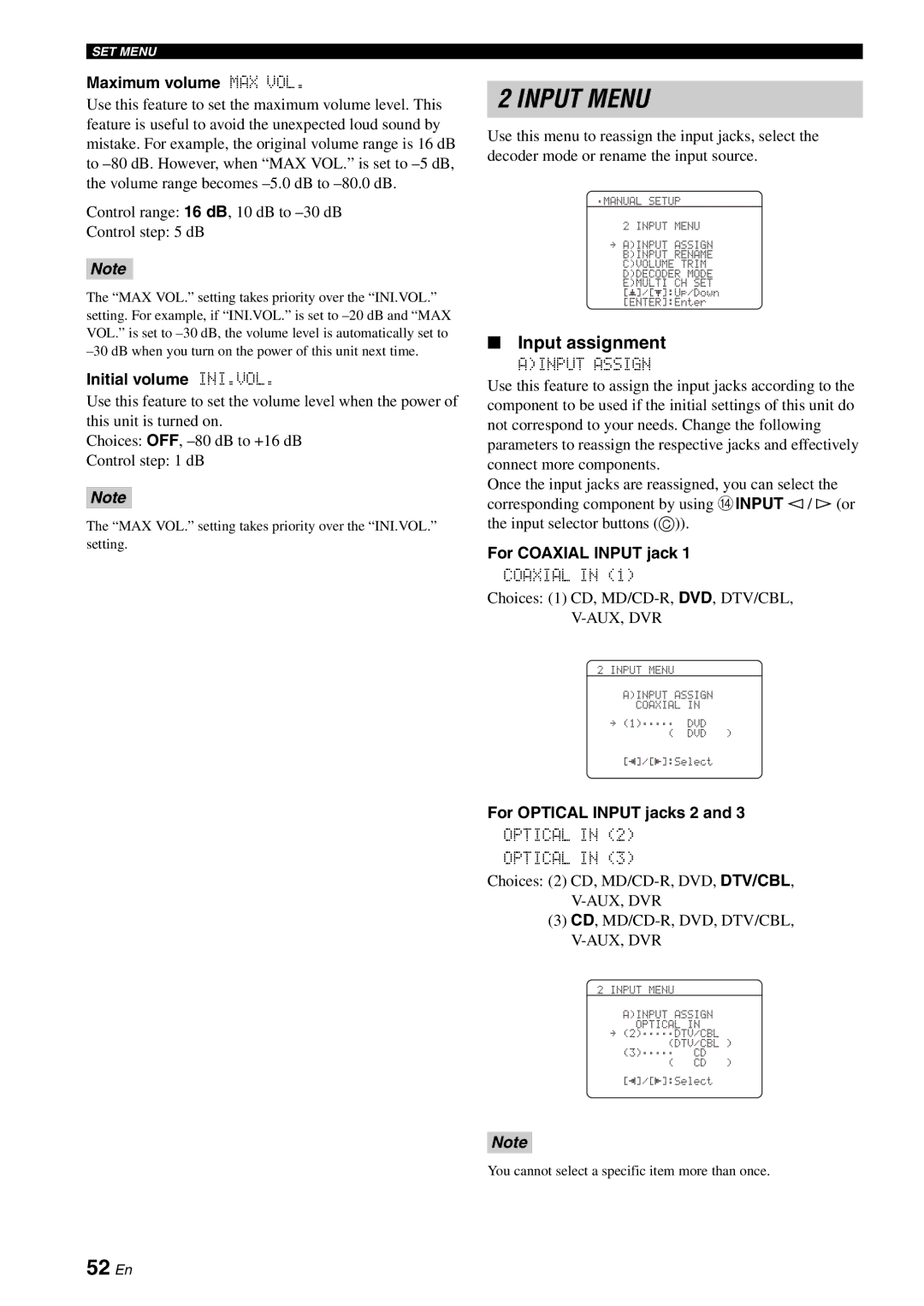 Yamaha RX-V561 owner manual 52 En, Input assignment 