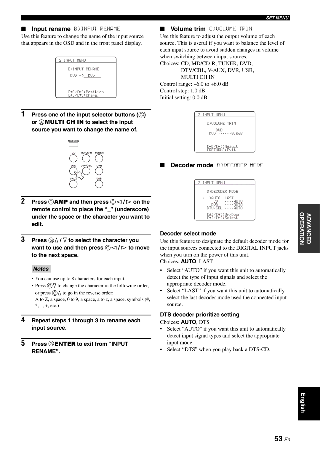 Yamaha RX-V561 owner manual 53 En, Rename, Decoder select mode, DTS decoder prioritize setting 