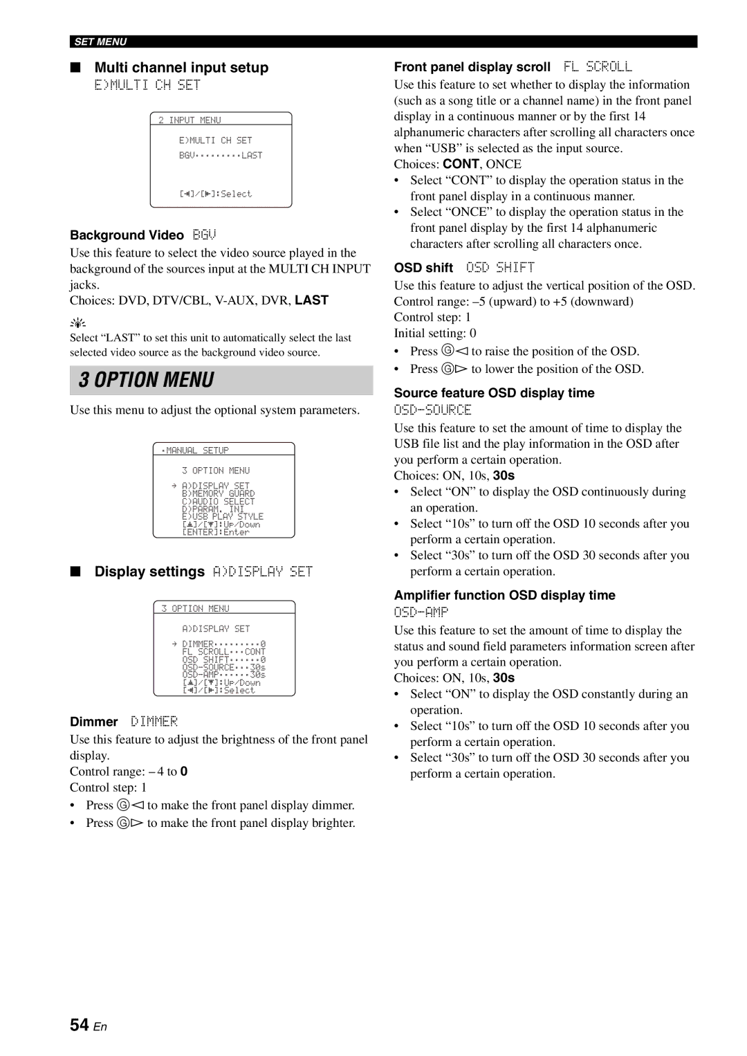 Yamaha RX-V561 owner manual 54 En, Multi channel input setup, Display settings Adisplay SET 