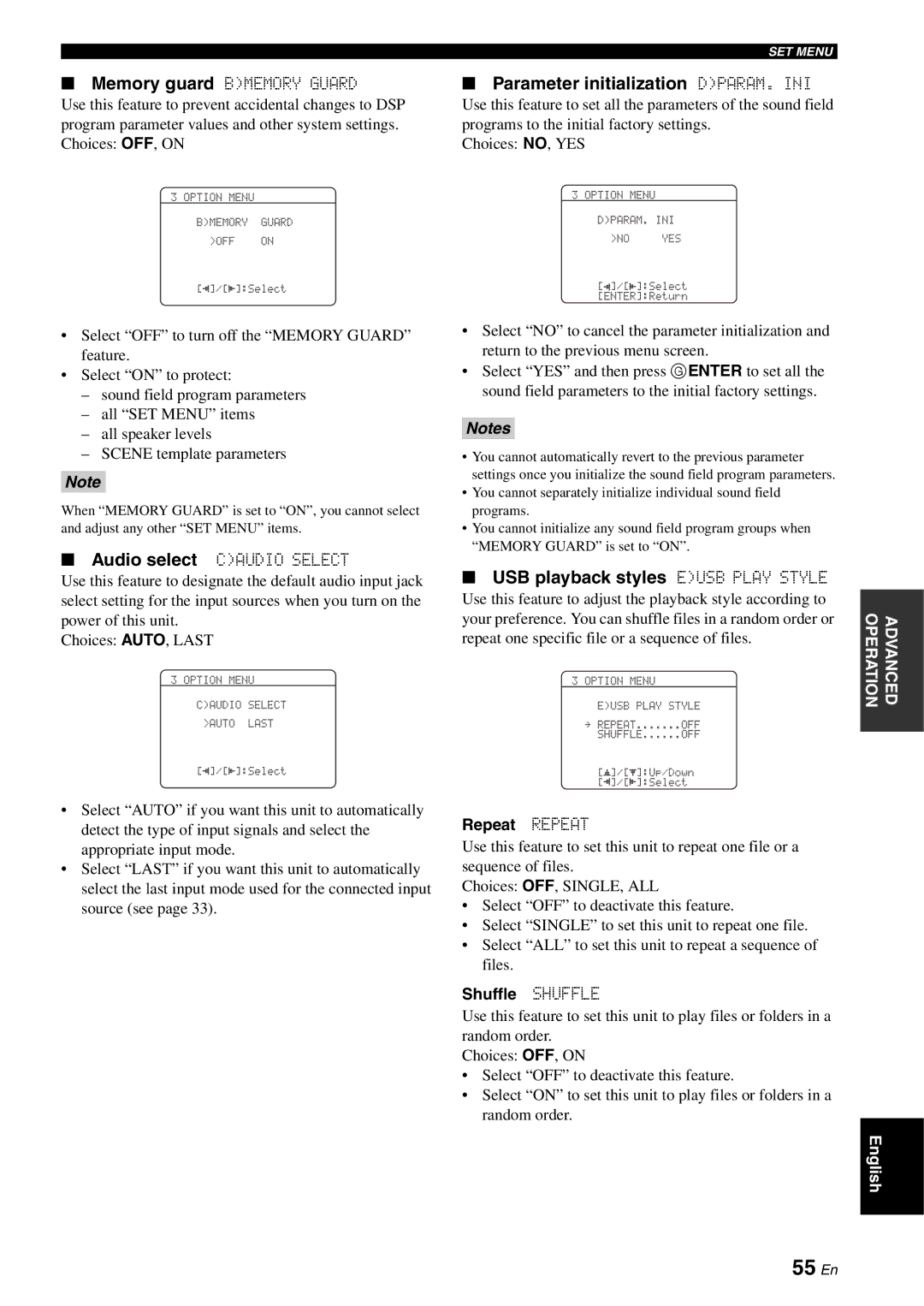 Yamaha RX-V561 owner manual 55 En, Parameter initialization DPARAM. INI, USB playback styles Eusb Play Style, Repeat Repeat 