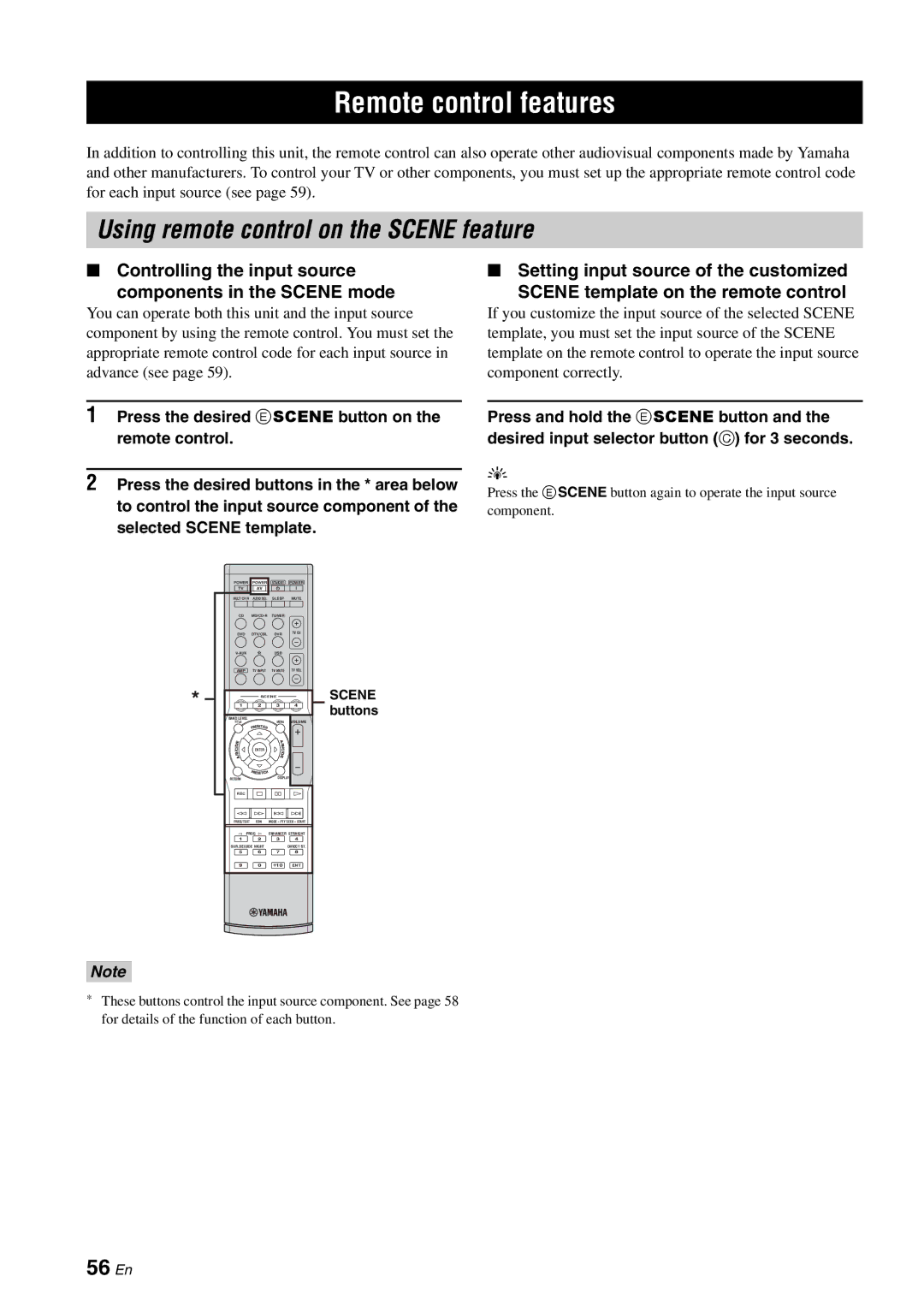 Yamaha RX-V561 owner manual Remote control features, Using remote control on the Scene feature, 56 En, Scene buttons 